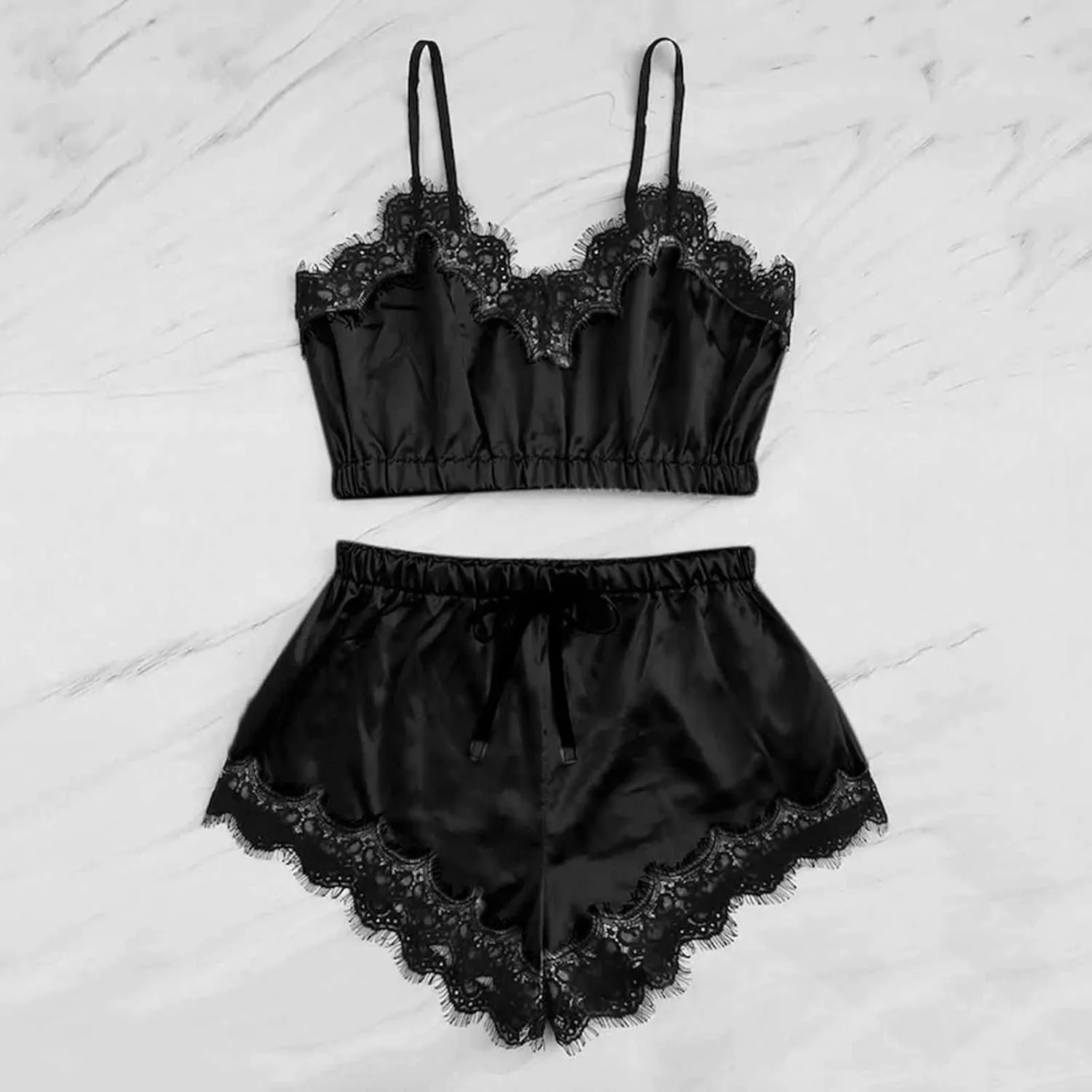 Womens Silky Pajama Sets 2 Piece Outfits Summer Sexy Lace Trim Cami Tops Shorts Soft Cute Camisole Lingerie Sleepwear