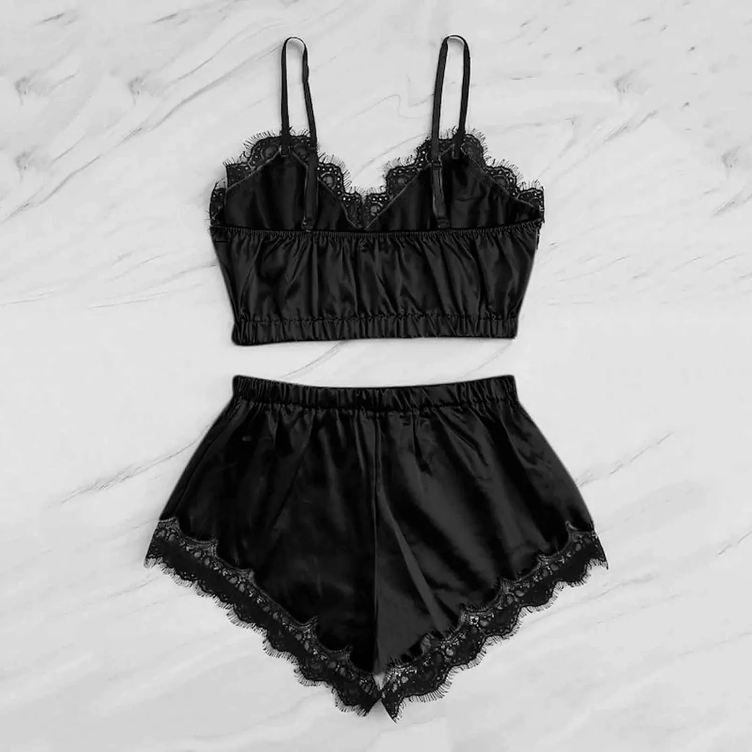 Womens Silky Pajama Sets 2 Piece Outfits Summer Sexy Lace Trim Cami Tops Shorts Soft Cute Camisole Lingerie Sleepwear