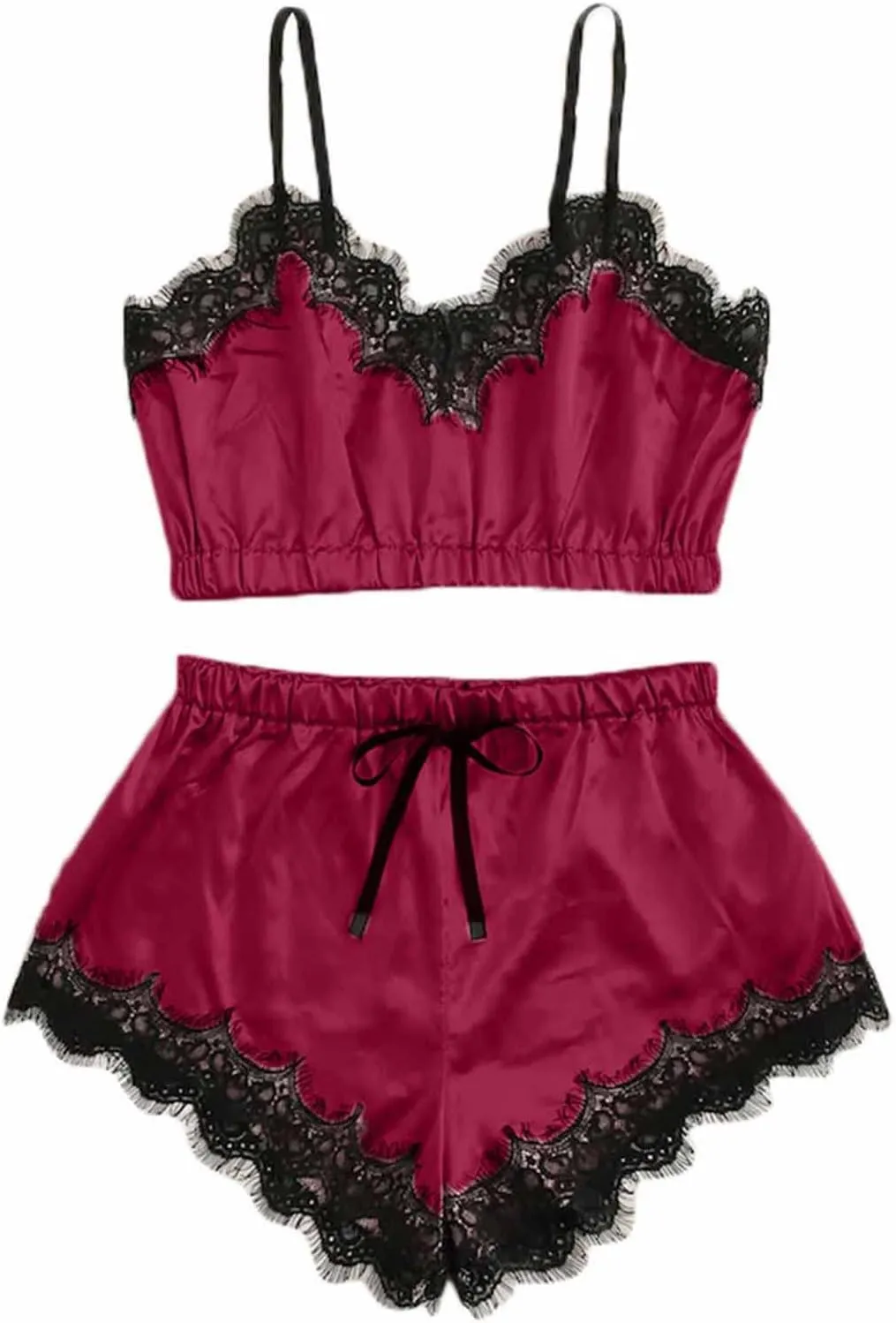 Womens Silky Pajama Sets 2 Piece Outfits Summer Sexy Lace Trim Cami Tops Shorts Soft Cute Camisole Lingerie Sleepwear