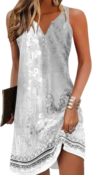 Women's Spring Summer Casual Dress V Neck Floral Print Sleeveless Mini Beach Vacation Party Sun Dresses