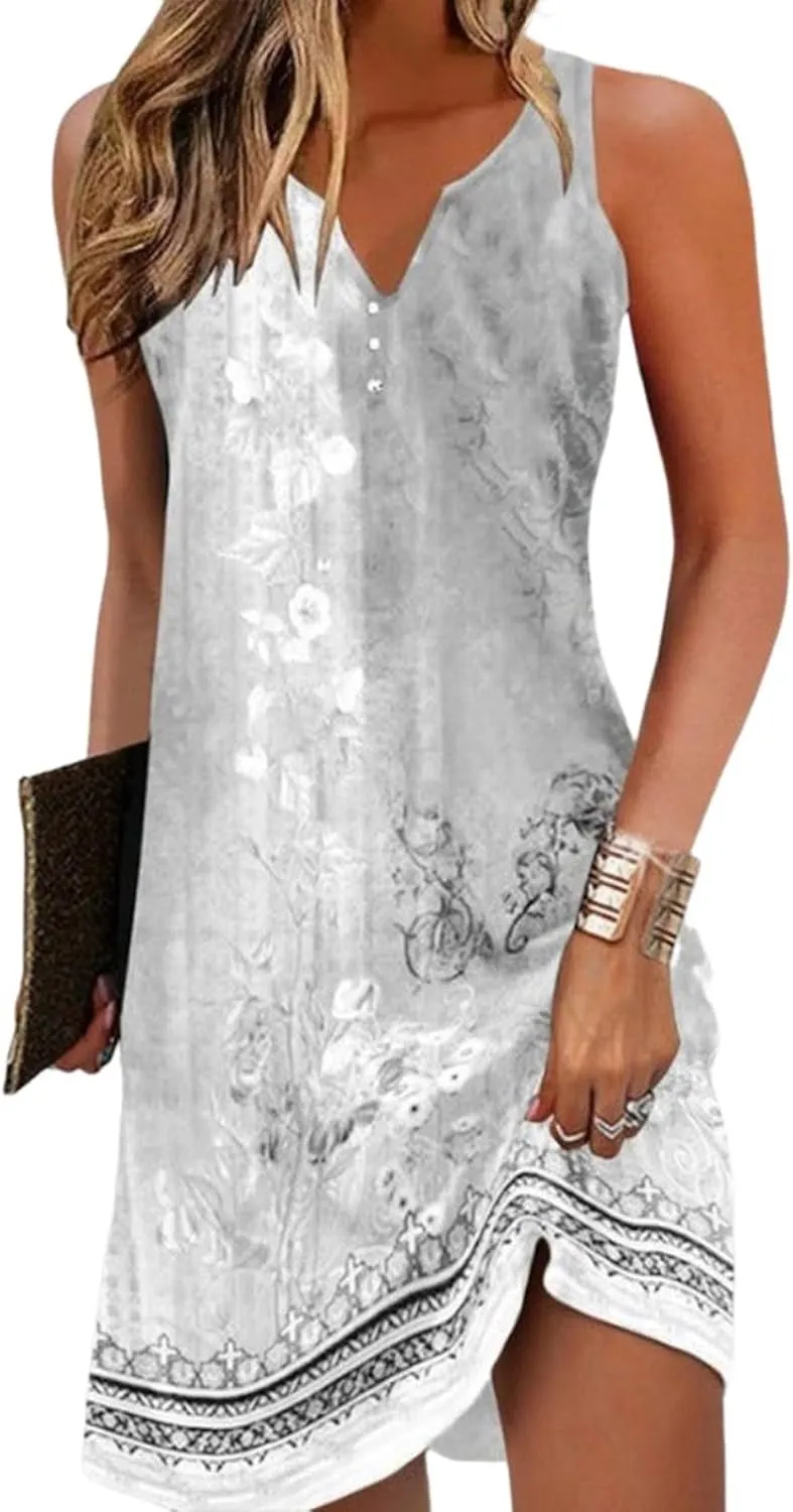 Women's Spring Summer Casual Dress V Neck Floral Print Sleeveless Mini Beach Vacation Party Sun Dresses