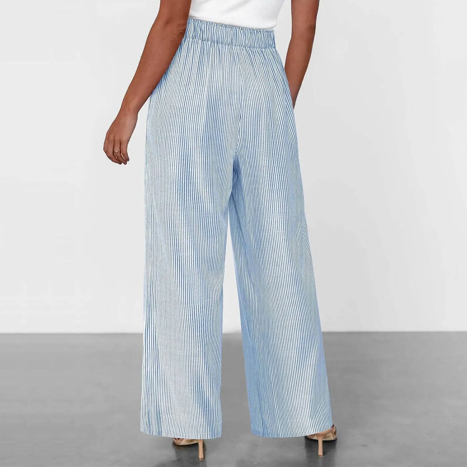 Women's Striped Wide Leg Pants Dressy High Waist Trousers Business Casual Loose Flowy Tie Knot Palazzo Slacks Clothes