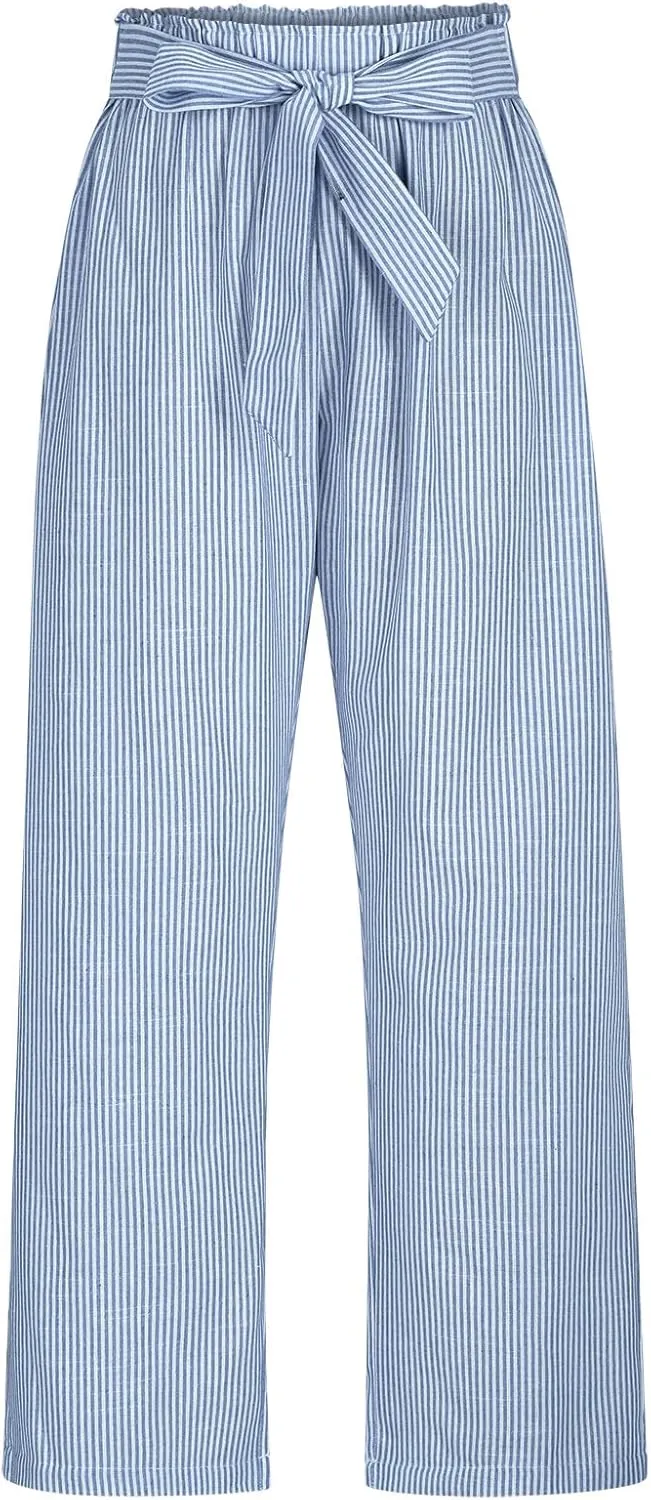 Women's Striped Wide Leg Pants Dressy High Waist Trousers Business Casual Loose Flowy Tie Knot Palazzo Slacks Clothes