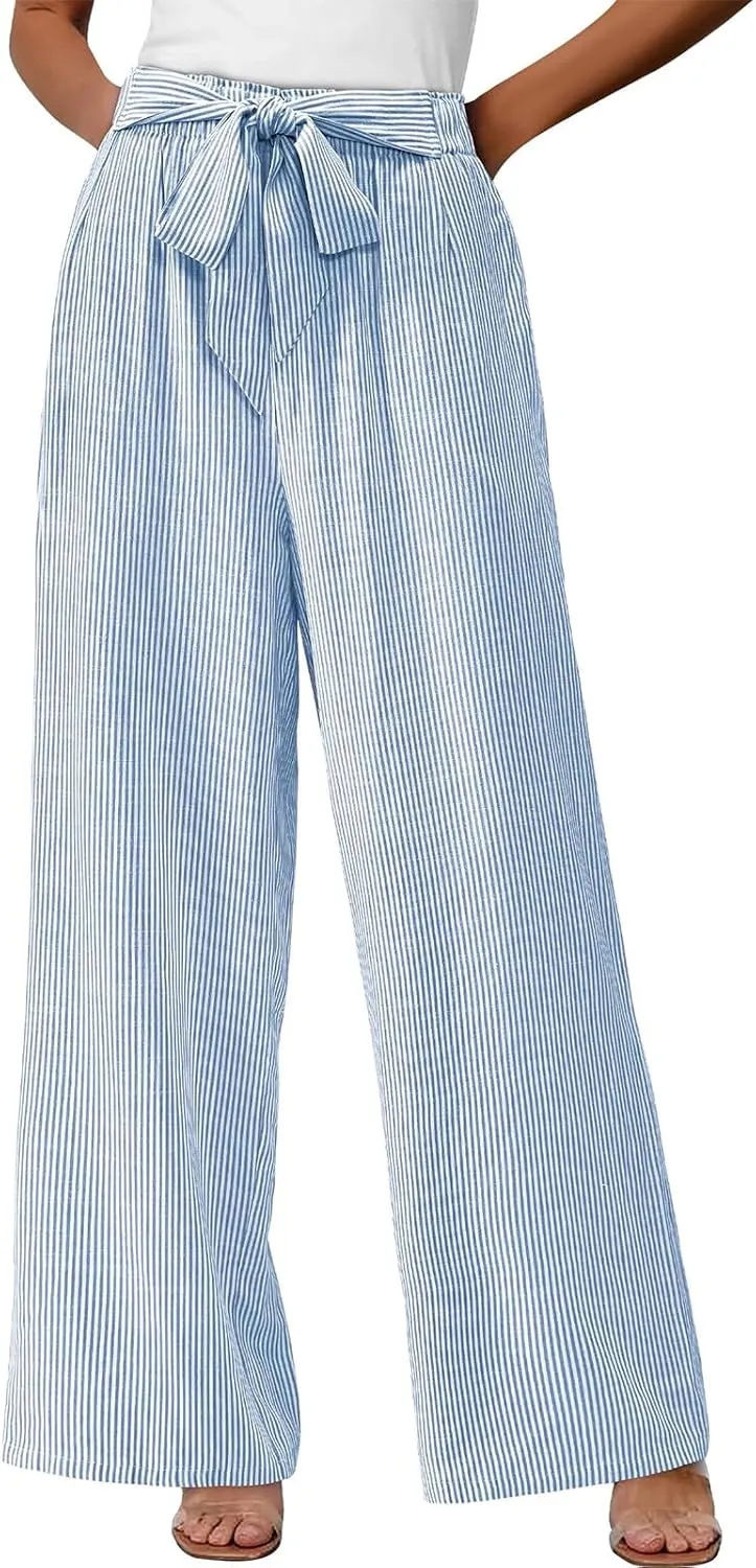 Women's Striped Wide Leg Pants Dressy High Waist Trousers Business Casual Loose Flowy Tie Knot Palazzo Slacks Clothes