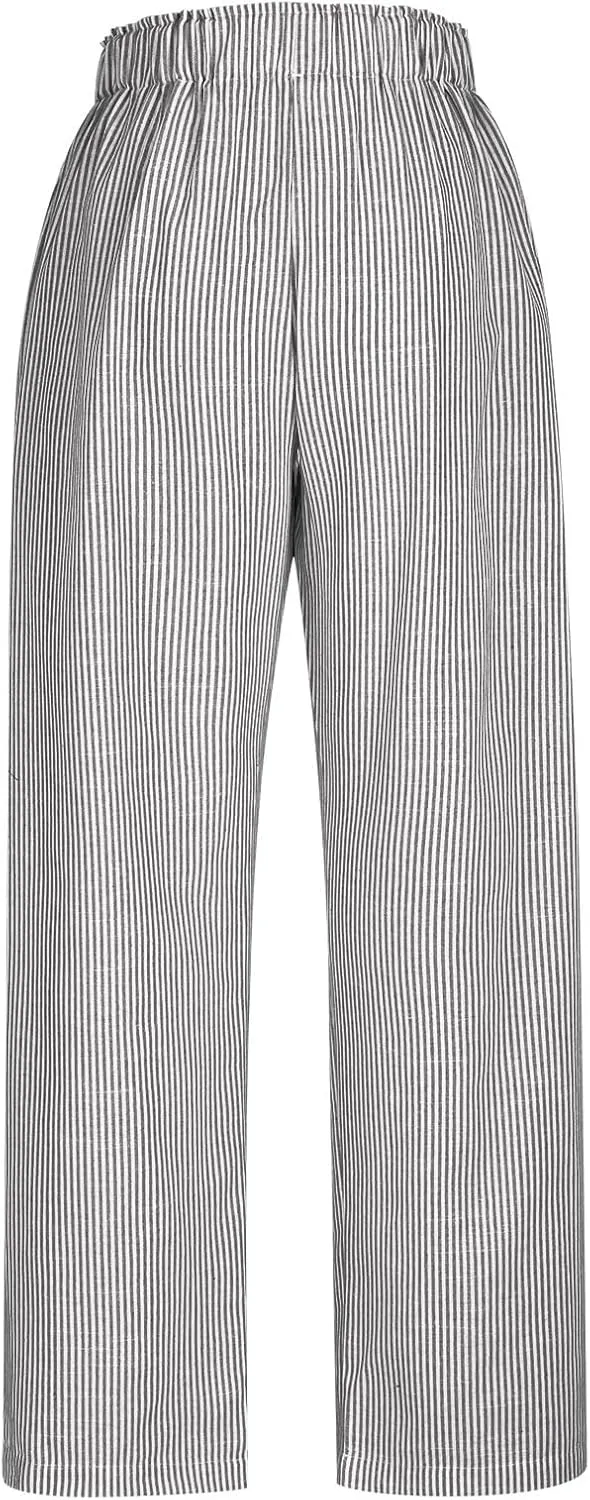 Women's Striped Wide Leg Pants Dressy High Waist Trousers Business Casual Loose Flowy Tie Knot Palazzo Slacks Clothes