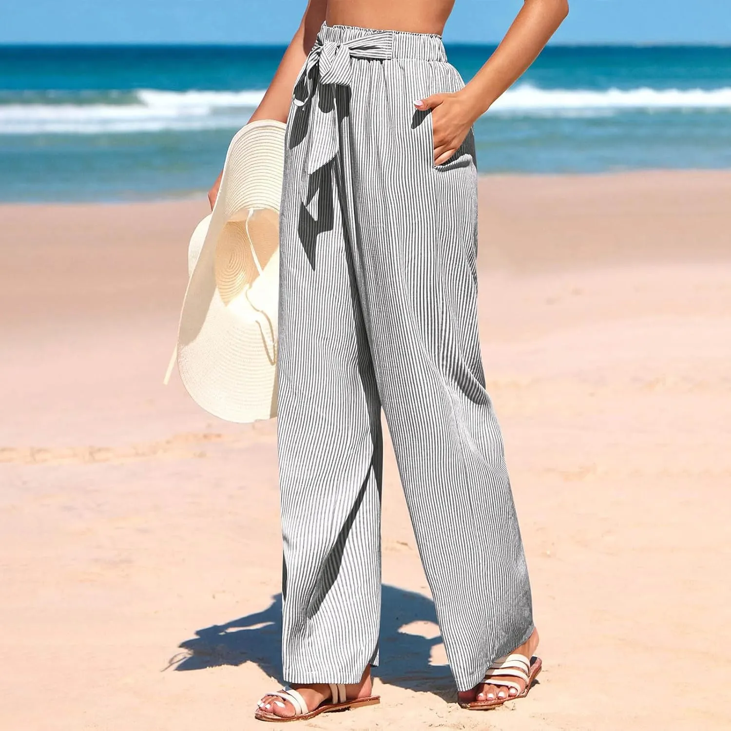 Women's Striped Wide Leg Pants Dressy High Waist Trousers Business Casual Loose Flowy Tie Knot Palazzo Slacks Clothes