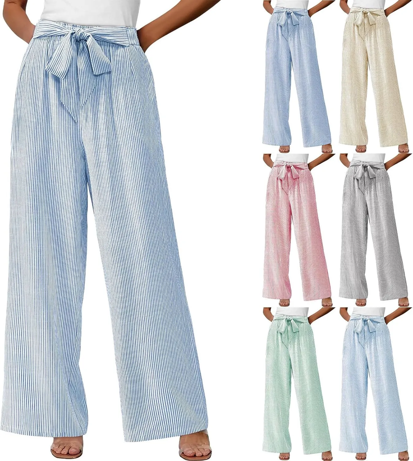 Women's Striped Wide Leg Pants Dressy High Waist Trousers Business Casual Loose Flowy Tie Knot Palazzo Slacks Clothes