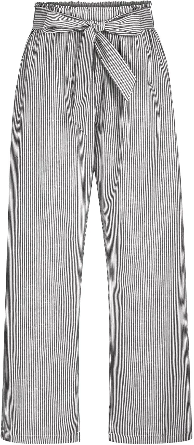 Women's Striped Wide Leg Pants Dressy High Waist Trousers Business Casual Loose Flowy Tie Knot Palazzo Slacks Clothes
