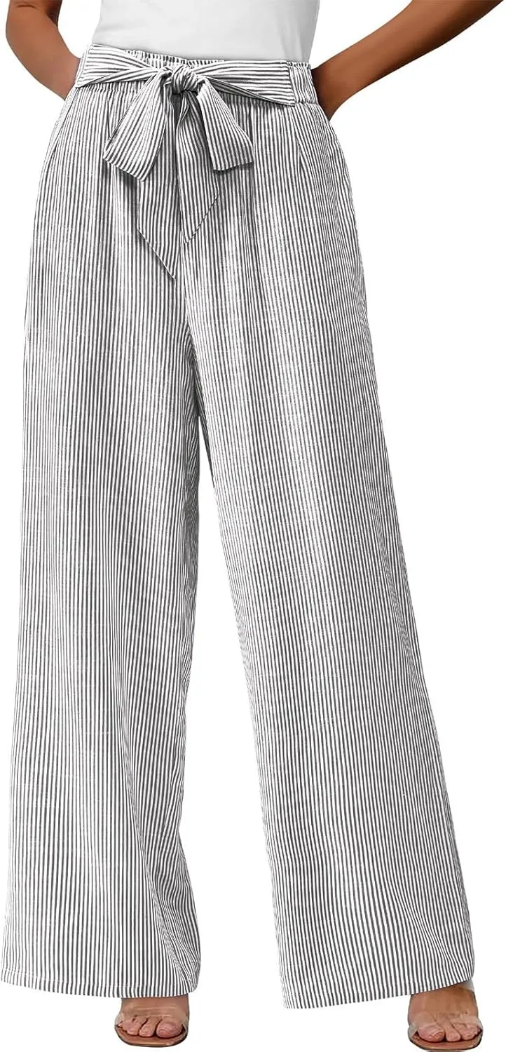 Women's Striped Wide Leg Pants Dressy High Waist Trousers Business Casual Loose Flowy Tie Knot Palazzo Slacks Clothes