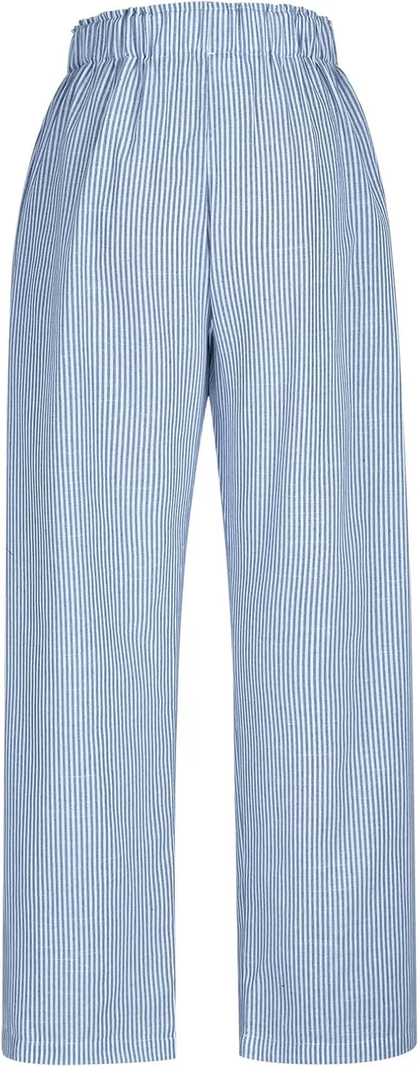 Women's Striped Wide Leg Pants Dressy High Waist Trousers Business Casual Loose Flowy Tie Knot Palazzo Slacks Clothes