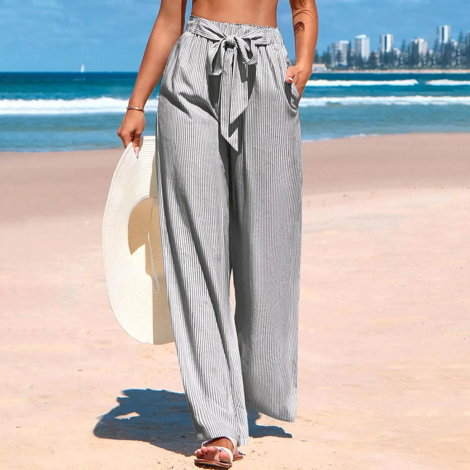 Women's Striped Wide Leg Pants Dressy High Waist Trousers Business Casual Loose Flowy Tie Knot Palazzo Slacks Clothes