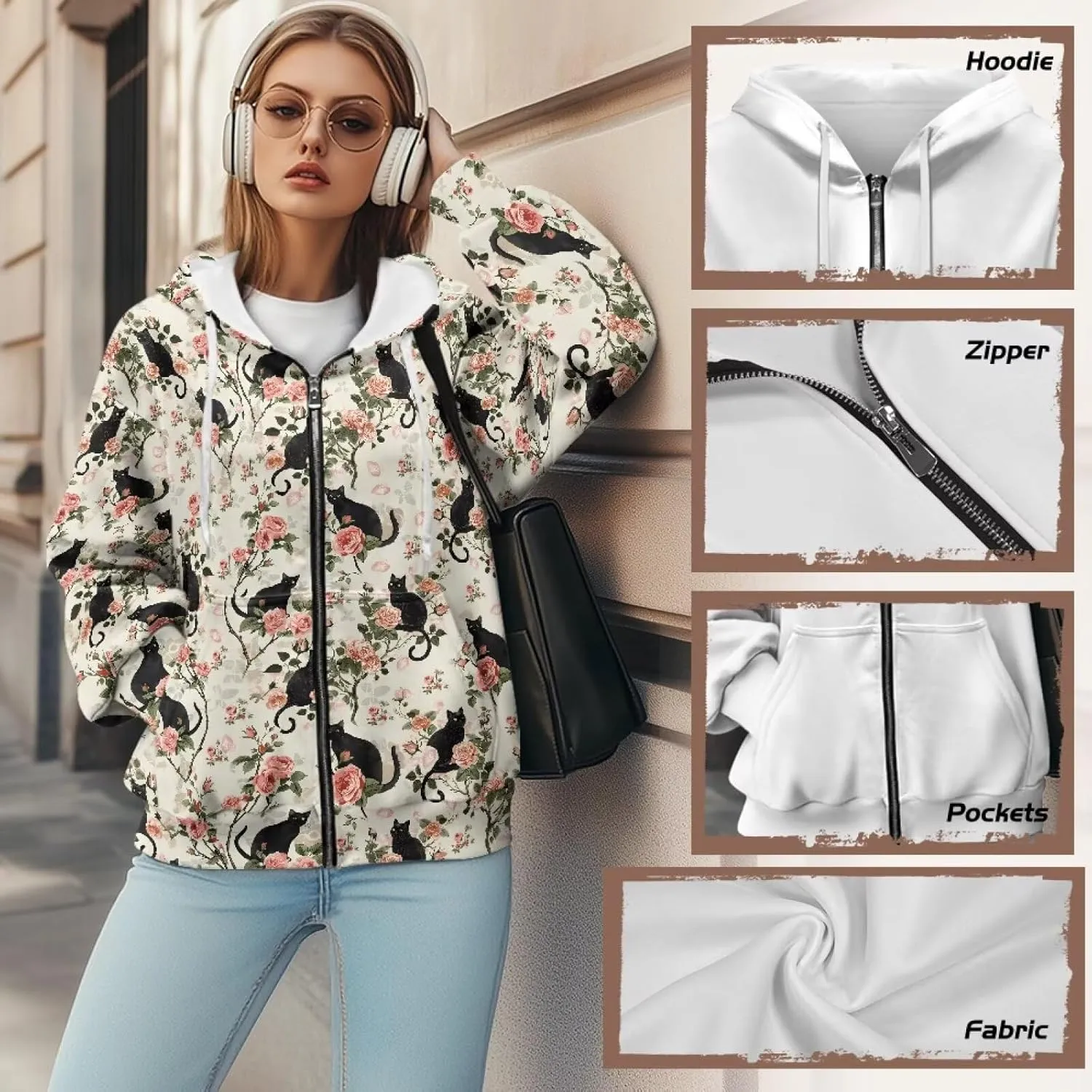 Women's Stylish Full-Zip Hoodies Oversized Hooded Sweatshirt Drawstring Long Sleeve Y2k Clothes with Pockets
