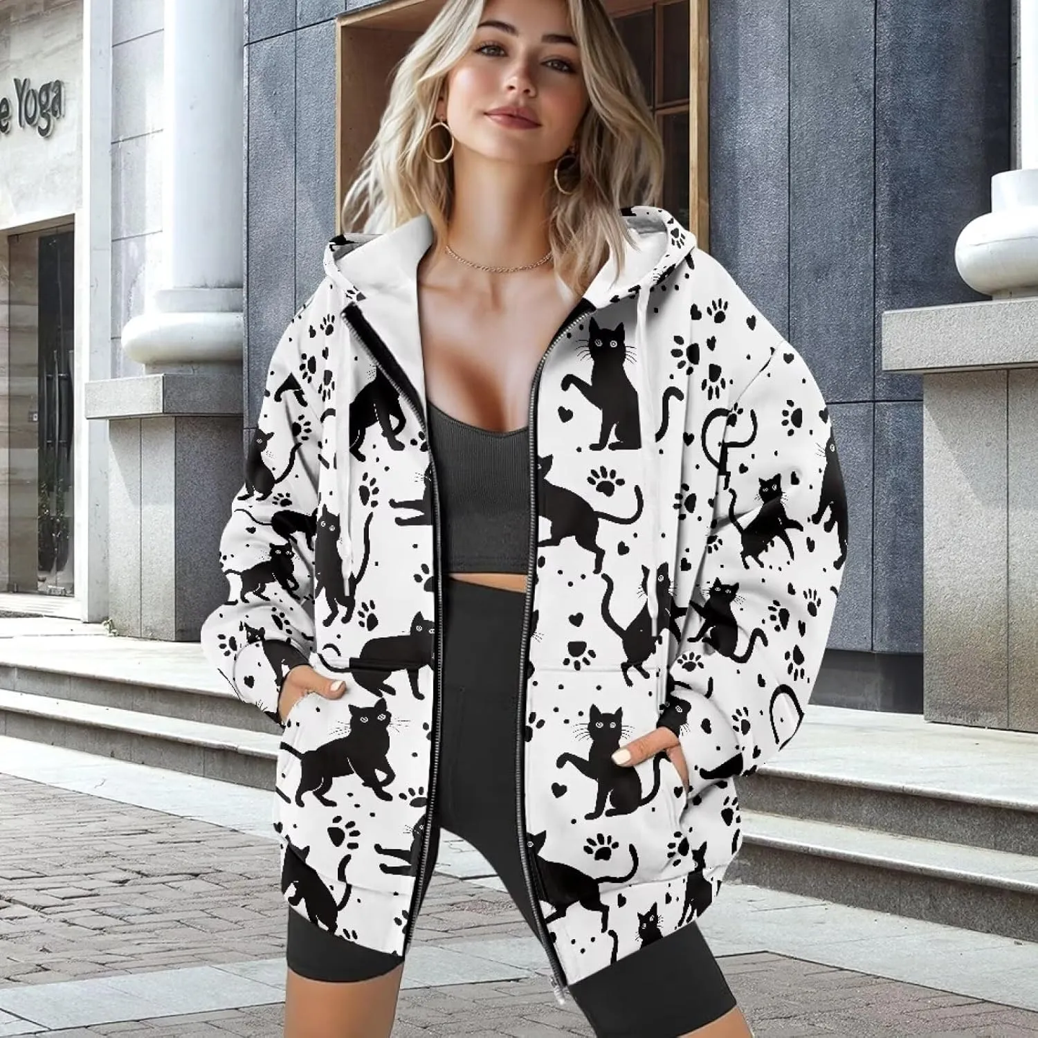 Women's Stylish Full-Zip Hoodies Oversized Hooded Sweatshirt Drawstring Long Sleeve Y2k Clothes with Pockets