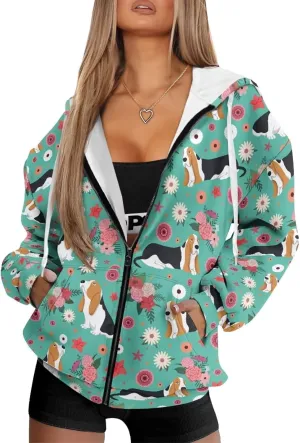 Women's Stylish Full-Zip Hoodies Oversized Hooded Sweatshirt Drawstring Long Sleeve Y2k Clothes with Pockets