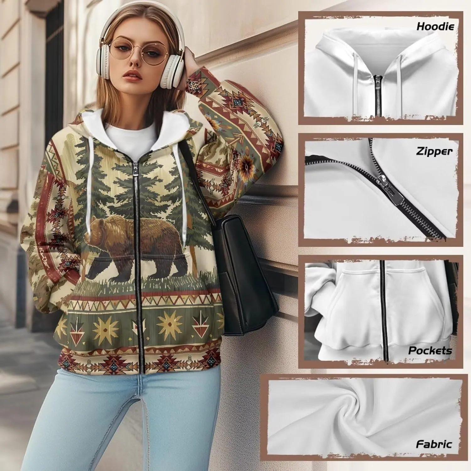 Women's Stylish Full-Zip Hoodies Oversized Hooded Sweatshirt Drawstring Long Sleeve Y2k Clothes with Pockets