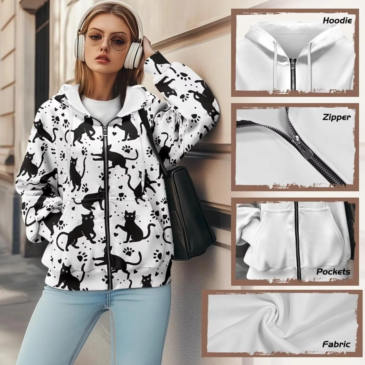 Women's Stylish Full-Zip Hoodies Oversized Hooded Sweatshirt Drawstring Long Sleeve Y2k Clothes with Pockets