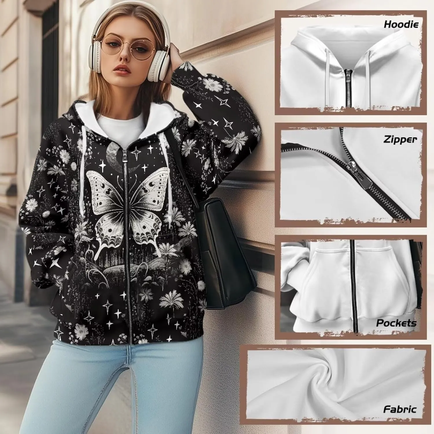 Women's Stylish Full-Zip Hoodies Oversized Hooded Sweatshirt Drawstring Long Sleeve Y2k Clothes with Pockets