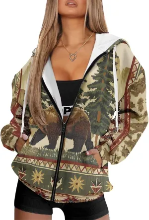 Women's Stylish Full-Zip Hoodies Oversized Hooded Sweatshirt Drawstring Long Sleeve Y2k Clothes with Pockets