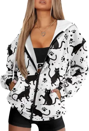 Women's Stylish Full-Zip Hoodies Oversized Hooded Sweatshirt Drawstring Long Sleeve Y2k Clothes with Pockets