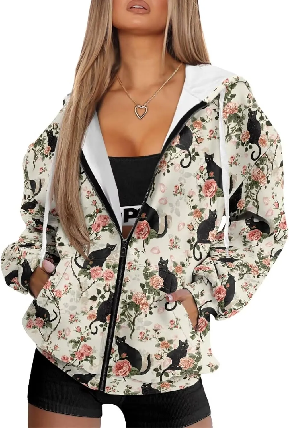 Women's Stylish Full-Zip Hoodies Oversized Hooded Sweatshirt Drawstring Long Sleeve Y2k Clothes with Pockets