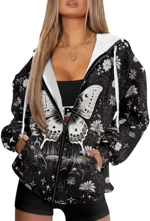Women's Stylish Full-Zip Hoodies Oversized Hooded Sweatshirt Drawstring Long Sleeve Y2k Clothes with Pockets