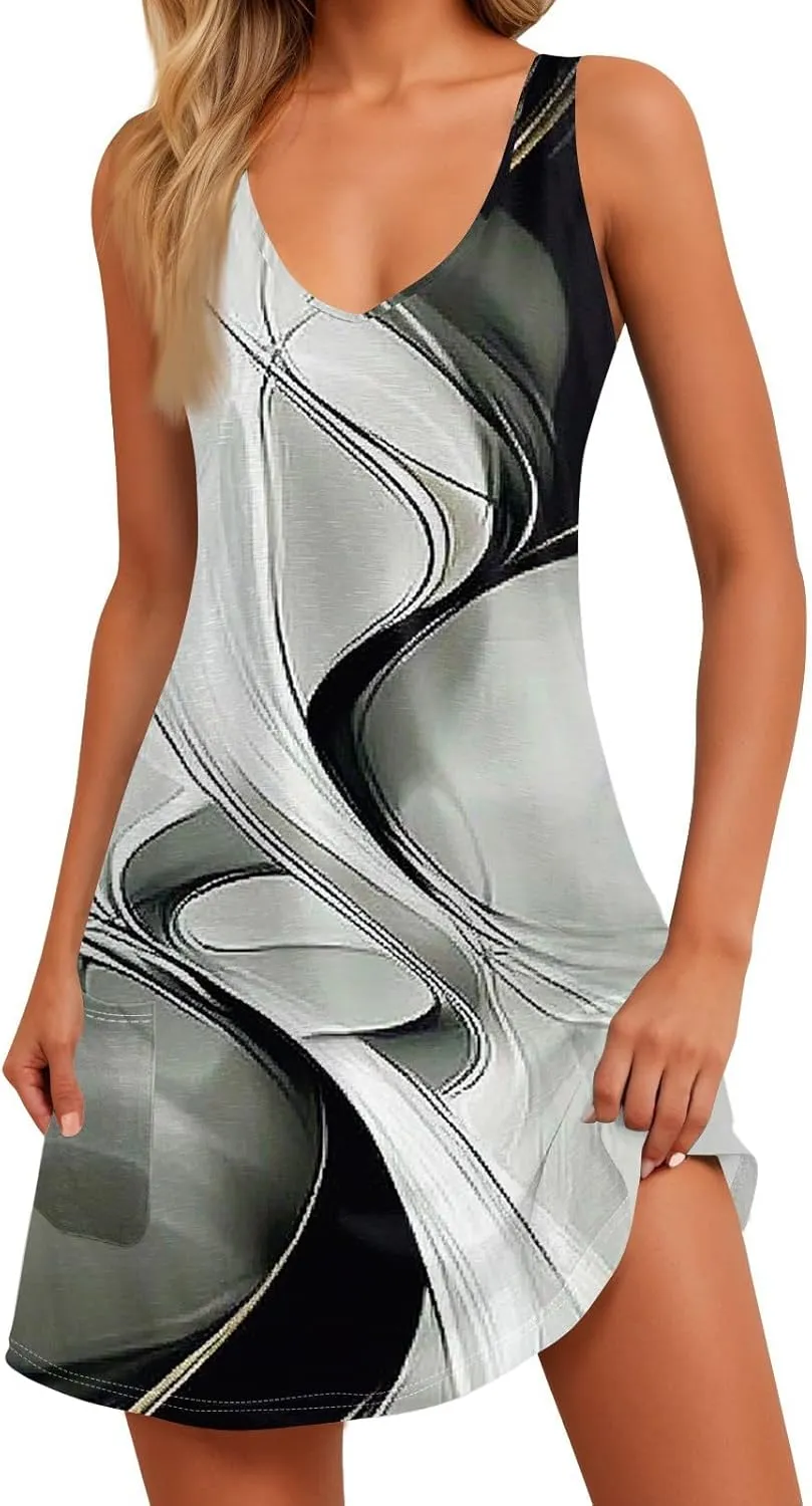 Women's Summer Casual Trendy Sleeveless Halter Striped Plaid Printed Print Bohemian Beach Midi Dress with Pockets, S-3XL