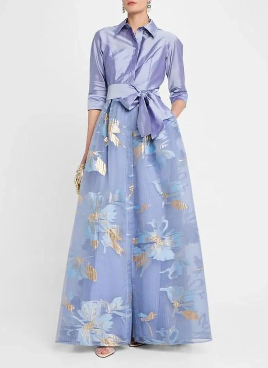 Women's Summer Dress Floral Long Sleeve Maxi Dress Wedding Guest Flowy Skirt with Adjustable Waist Tie