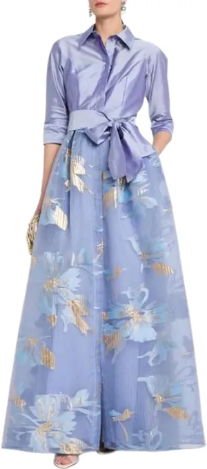Women's Summer Dress Floral Long Sleeve Maxi Dress Wedding Guest Flowy Skirt with Adjustable Waist Tie