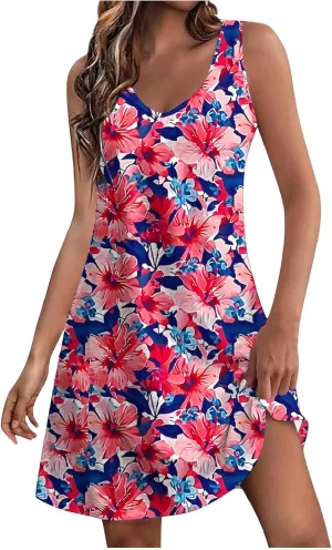 Womens Summer Dresses 2025 Trendy Casual Sleeveless Sundresses Beach Vacation Boho Floral Coverup Flowy Tank Dress