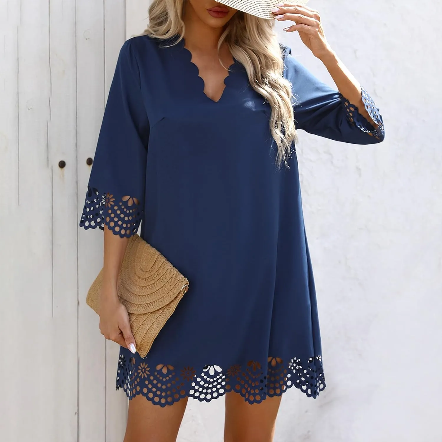 Womens Summer Dresses Trendy 2025 Casual Half Sleeve Tshirt Dress Sexy Lace v Neck Beach Sundress Vacation Outfits