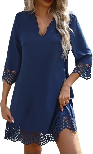 Womens Summer Dresses Trendy 2025 Casual Half Sleeve Tshirt Dress Sexy Lace v Neck Beach Sundress Vacation Outfits