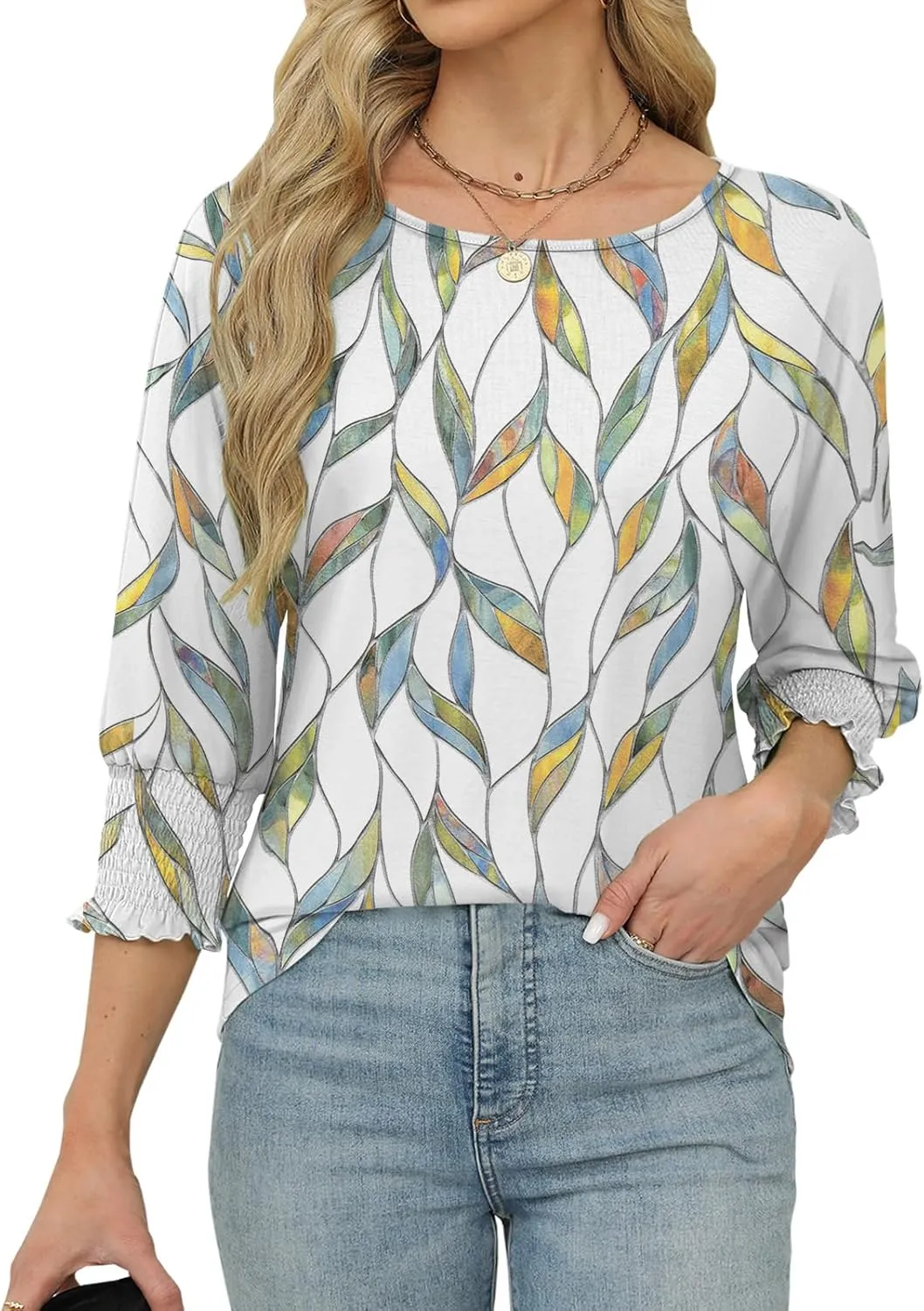 Womens Summer Tops 3/4 Length Sleeve Shirts for Women Plus Size Spring Fashion Clothes Trendy Casual Blouses