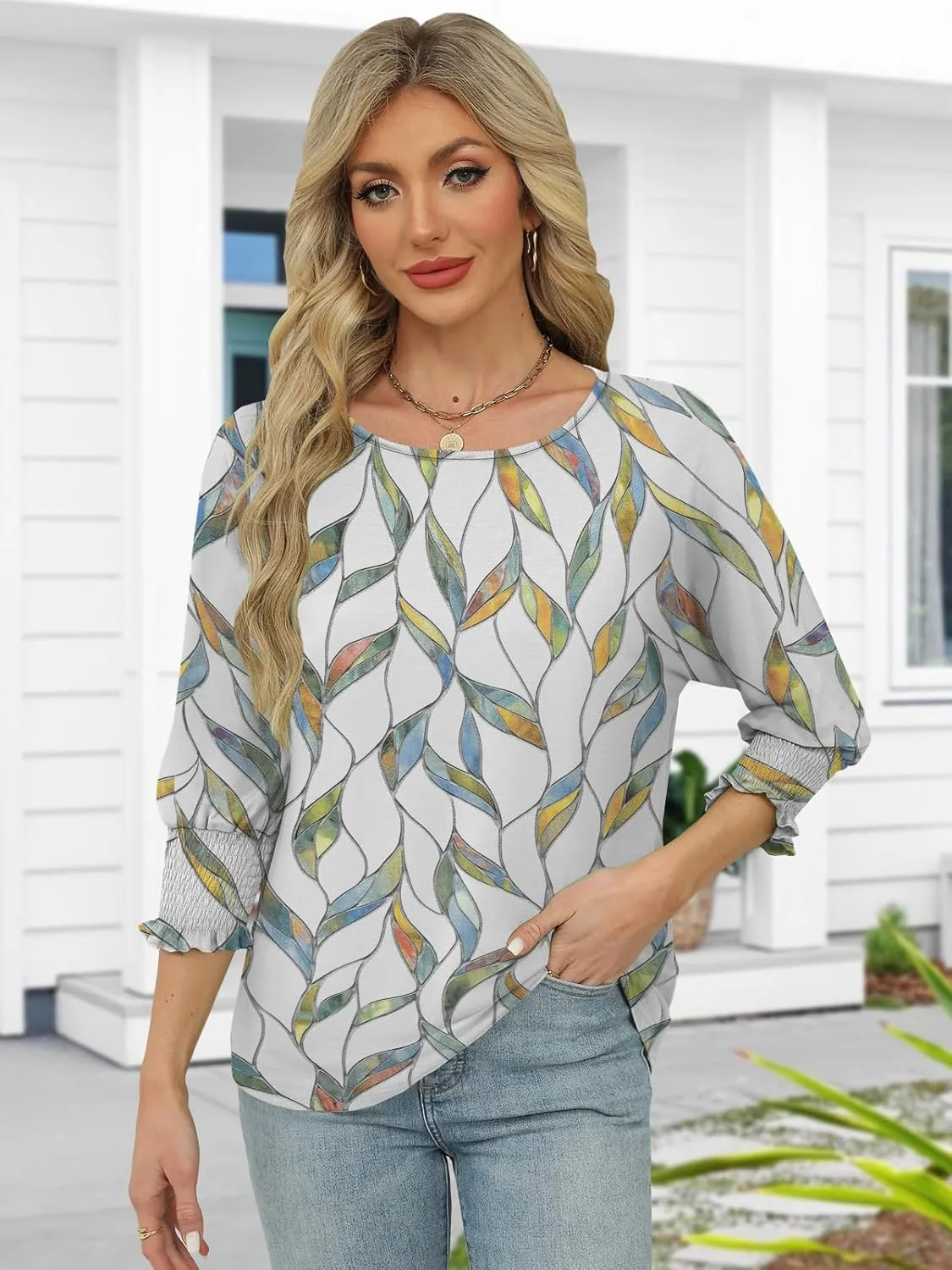 Womens Summer Tops 3/4 Length Sleeve Shirts for Women Plus Size Spring Fashion Clothes Trendy Casual Blouses