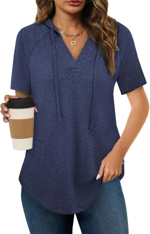 Womens Summer Tops Fashion Short Sleeve Hoodie Shirts Casual Loose Tunic Sweatshirts