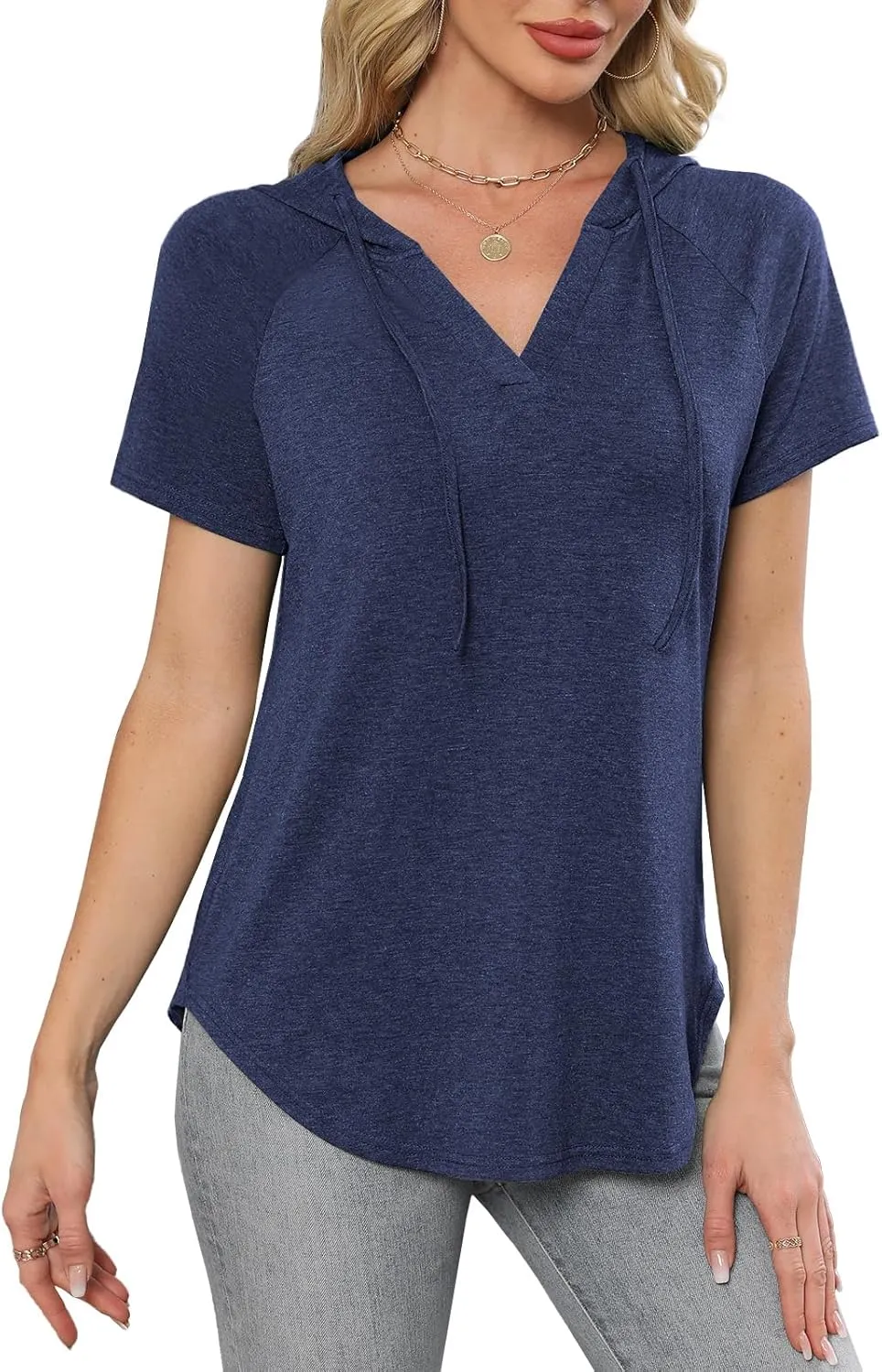 Womens Summer Tops Fashion Short Sleeve Hoodie Shirts Casual Loose Tunic Sweatshirts