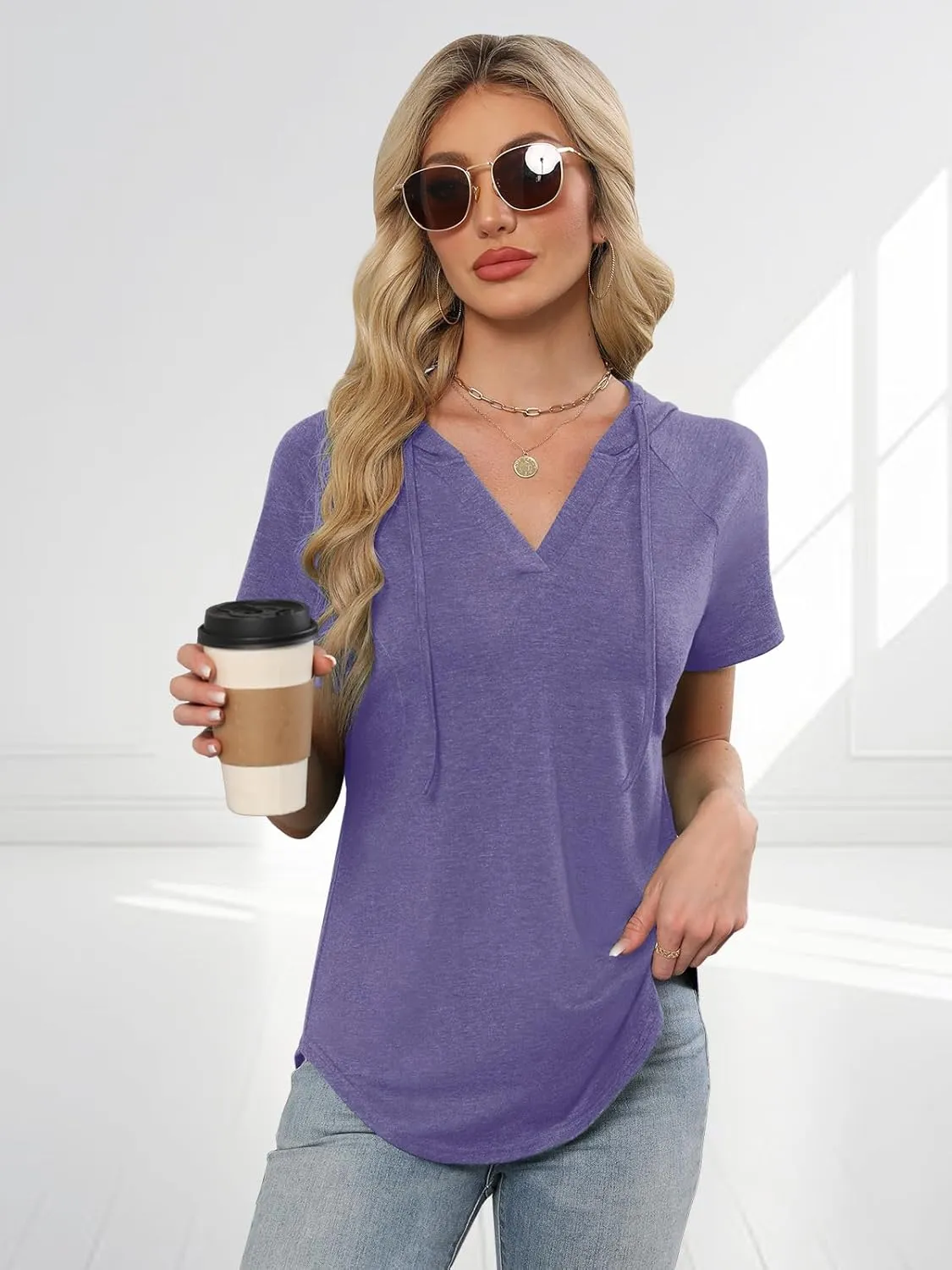 Womens Summer Tops Fashion Short Sleeve Hoodie Shirts Casual Loose Tunic Sweatshirts