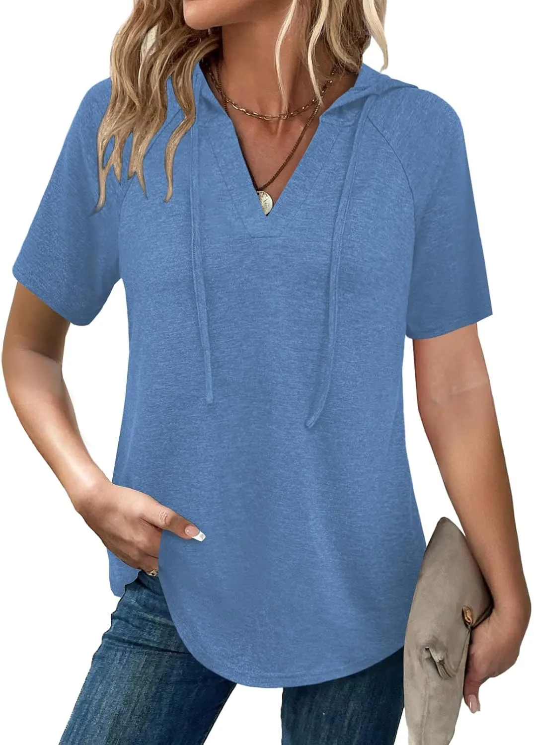 Womens Summer Tops Fashion Short Sleeve Hoodie Shirts Casual Loose Tunic Sweatshirts