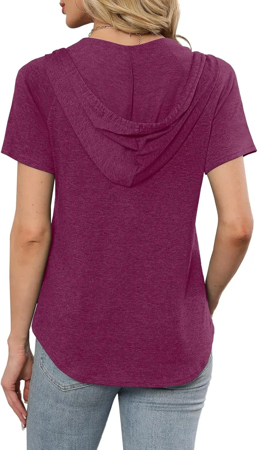 Womens Summer Tops Fashion Short Sleeve Hoodie Shirts Casual Loose Tunic Sweatshirts