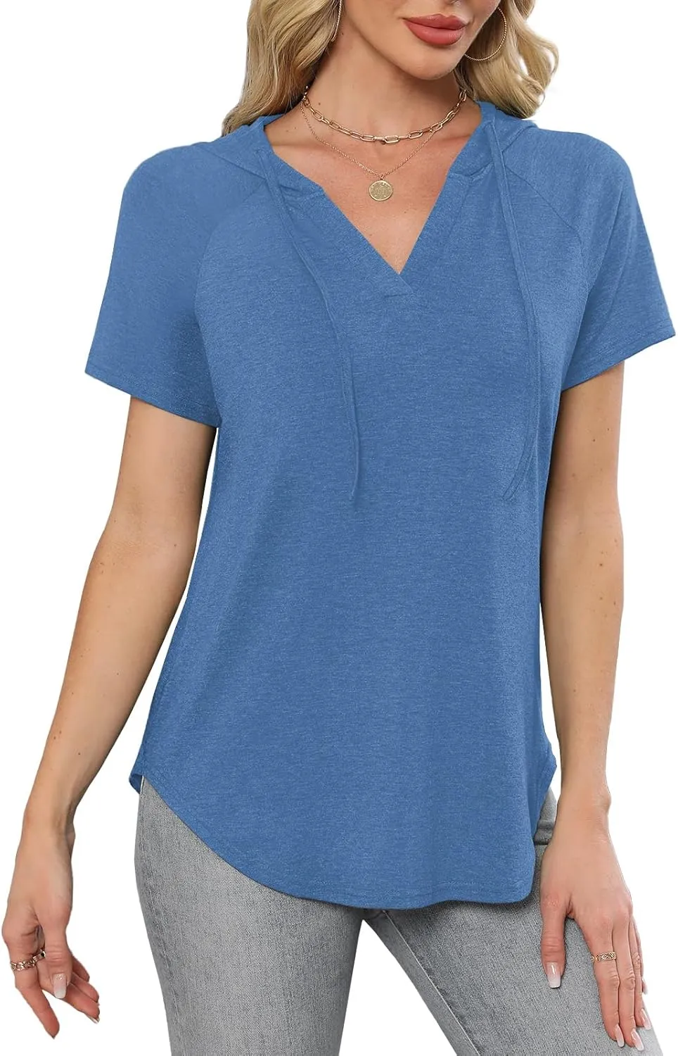 Womens Summer Tops Fashion Short Sleeve Hoodie Shirts Casual Loose Tunic Sweatshirts