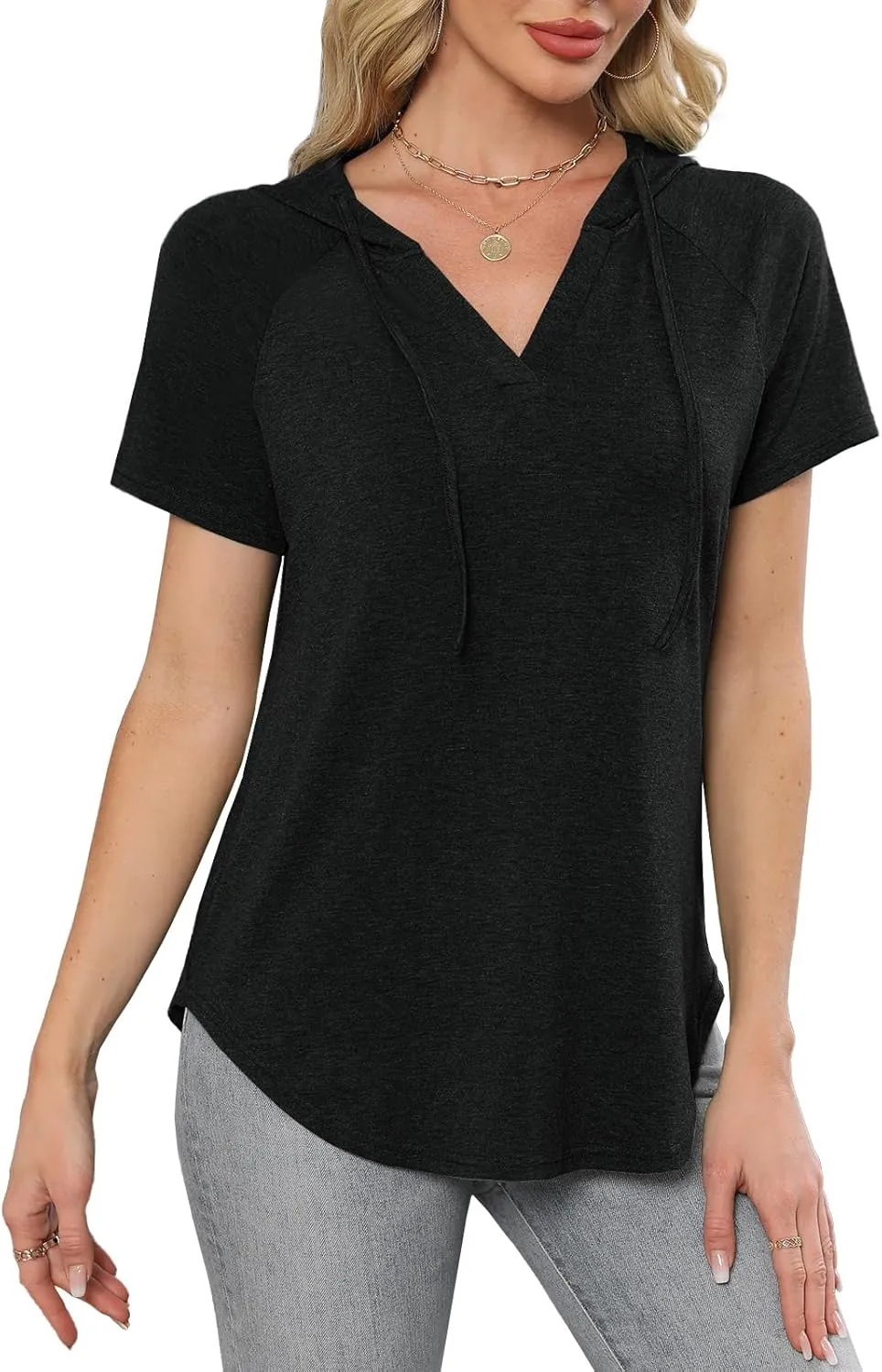 Womens Summer Tops Fashion Short Sleeve Hoodie Shirts Casual Loose Tunic Sweatshirts