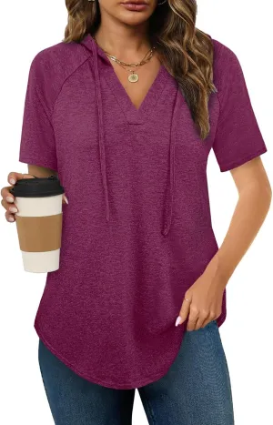Womens Summer Tops Fashion Short Sleeve Hoodie Shirts Casual Loose Tunic Sweatshirts