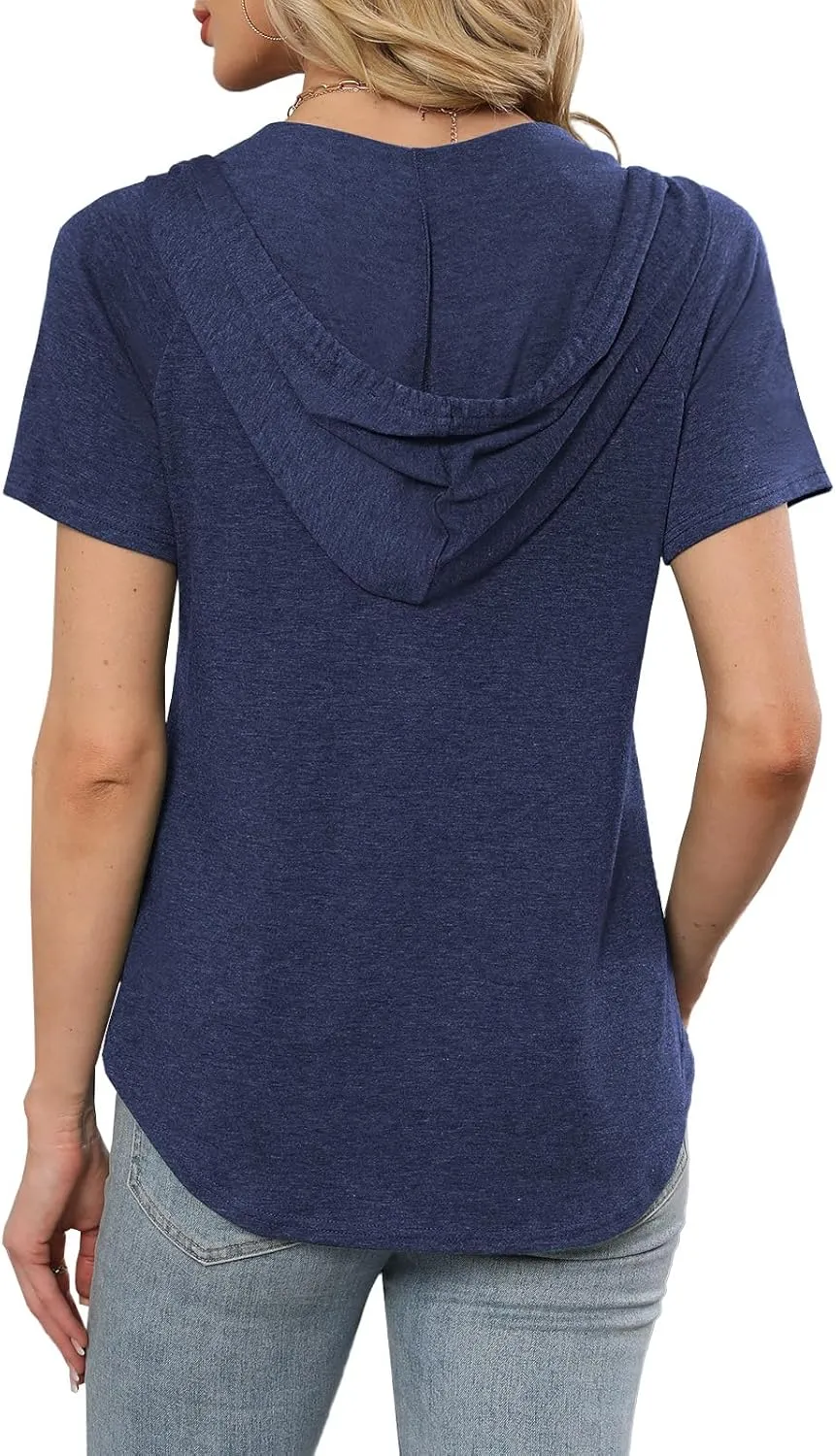 Womens Summer Tops Fashion Short Sleeve Hoodie Shirts Casual Loose Tunic Sweatshirts