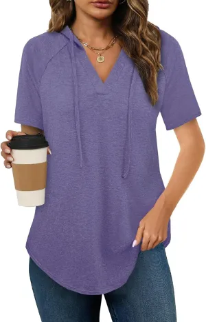 Womens Summer Tops Fashion Short Sleeve Hoodie Shirts Casual Loose Tunic Sweatshirts