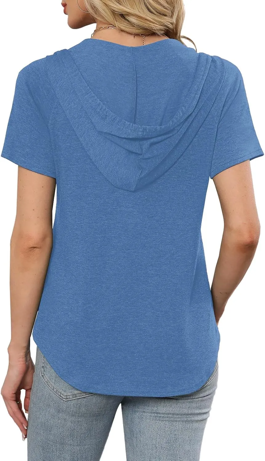 Womens Summer Tops Fashion Short Sleeve Hoodie Shirts Casual Loose Tunic Sweatshirts