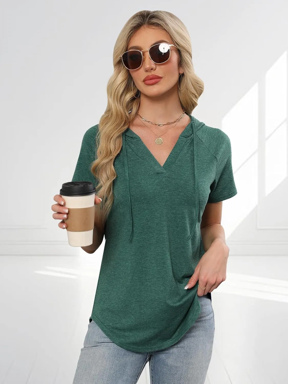 Womens Summer Tops Fashion Short Sleeve Hoodie Shirts Casual Loose Tunic Sweatshirts