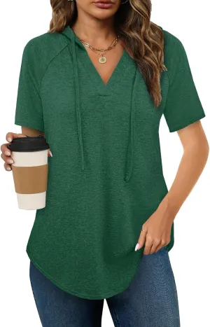 Womens Summer Tops Fashion Short Sleeve Hoodie Shirts Casual Loose Tunic Sweatshirts