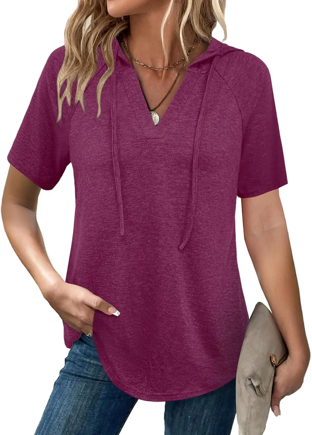 Womens Summer Tops Fashion Short Sleeve Hoodie Shirts Casual Loose Tunic Sweatshirts