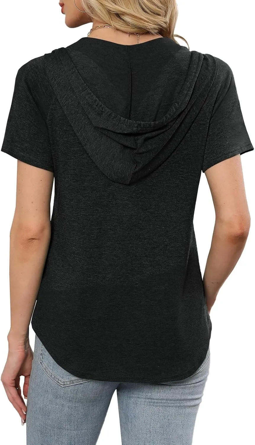 Womens Summer Tops Fashion Short Sleeve Hoodie Shirts Casual Loose Tunic Sweatshirts