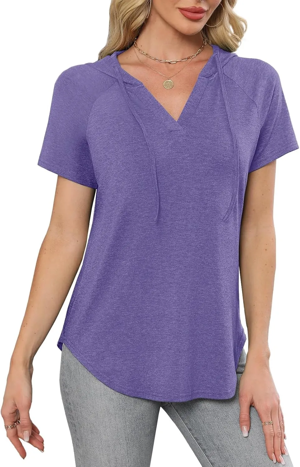 Womens Summer Tops Fashion Short Sleeve Hoodie Shirts Casual Loose Tunic Sweatshirts