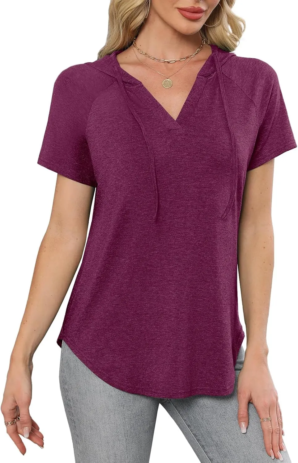 Womens Summer Tops Fashion Short Sleeve Hoodie Shirts Casual Loose Tunic Sweatshirts